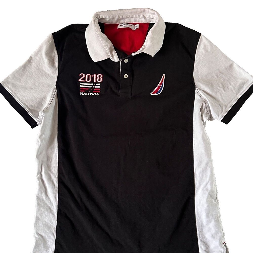Nautica Sailing Flags Polo Shirt Mens XL Black White Short Sleeve Slim Fit